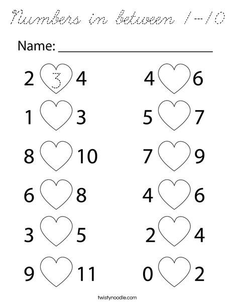 Numbers in between 1-10 Coloring Page