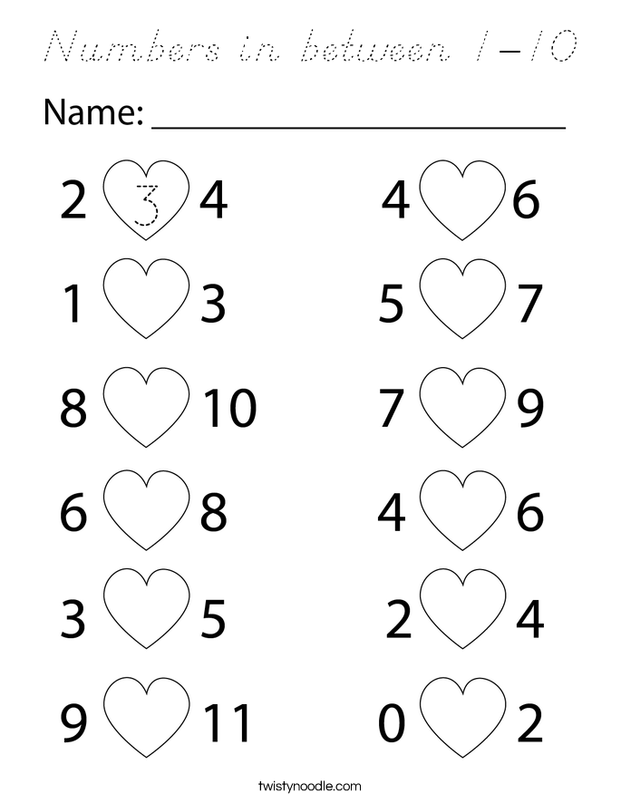 Numbers in between 1-10 Coloring Page