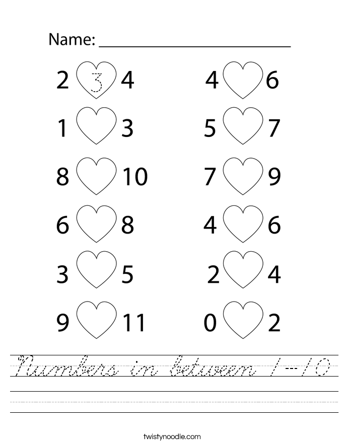 Numbers in between 1-10 Worksheet