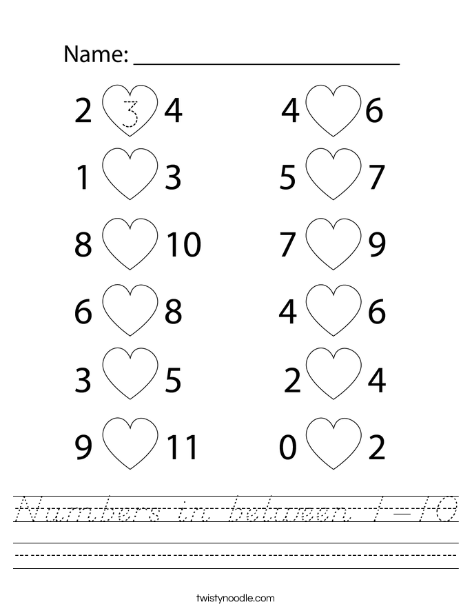 Numbers in between 1-10 Worksheet