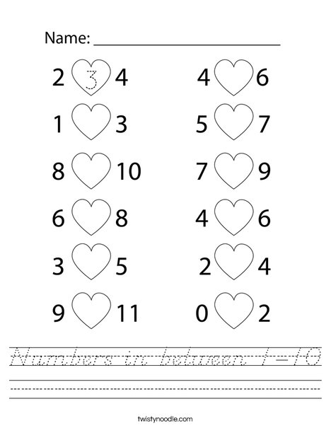 Numbers in between 1-10 Worksheet