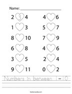 Numbers in between 1-10 Handwriting Sheet