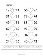 Numbers in between 2 digit Handwriting Sheet