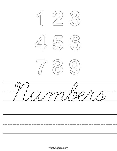 Numbers Worksheet - Cursive - Twisty Noodle