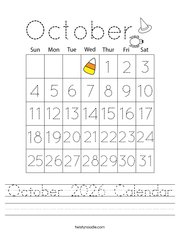 October 2026 Calendar Handwriting Sheet