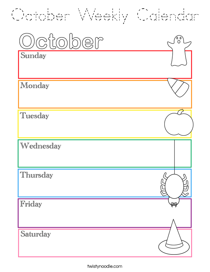 October Weekly Calendar Coloring Page