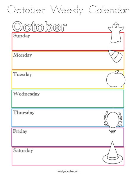 October Weekly Calendar Coloring Page