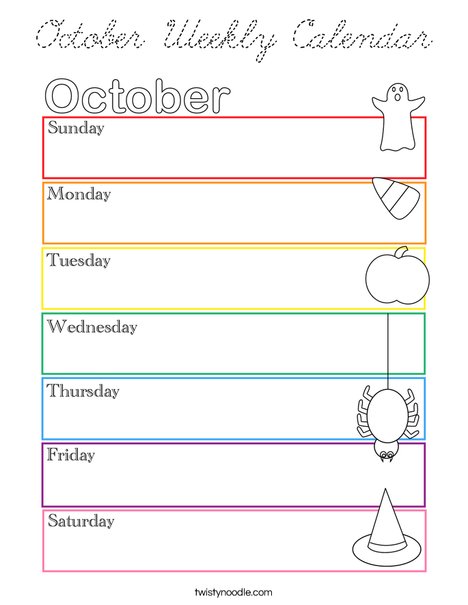October Weekly Calendar Coloring Page