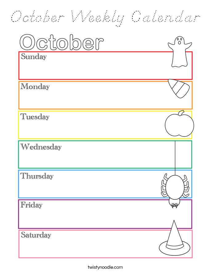 October Weekly Calendar Coloring Page