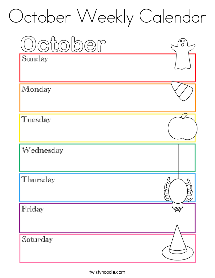 October Weekly Calendar Coloring Page Twisty Noodle October Weekly Calendar Coloring Page Twisty Noodle