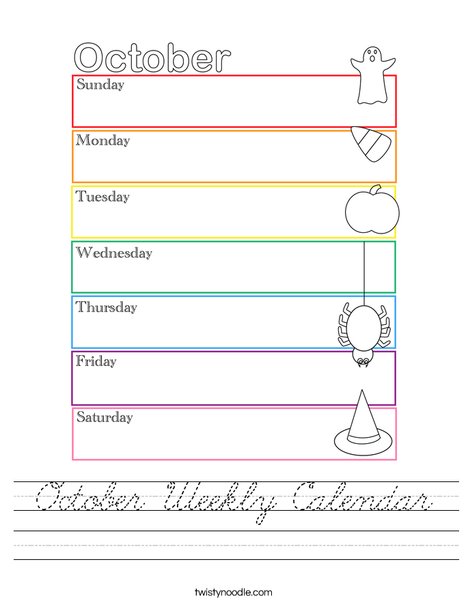 October Weekly Calendar Worksheet