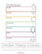 October Weekly Calendar Handwriting Sheet