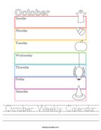 October Weekly Calendar Handwriting Sheet