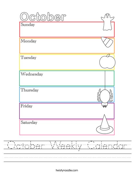 October Weekly Calendar Worksheet Twisty Noodle October Weekly Calendar Worksheet Twisty Noodle
