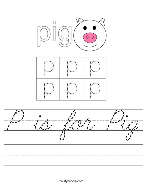 P is for Pig Worksheet - Cursive - Twisty Noodle