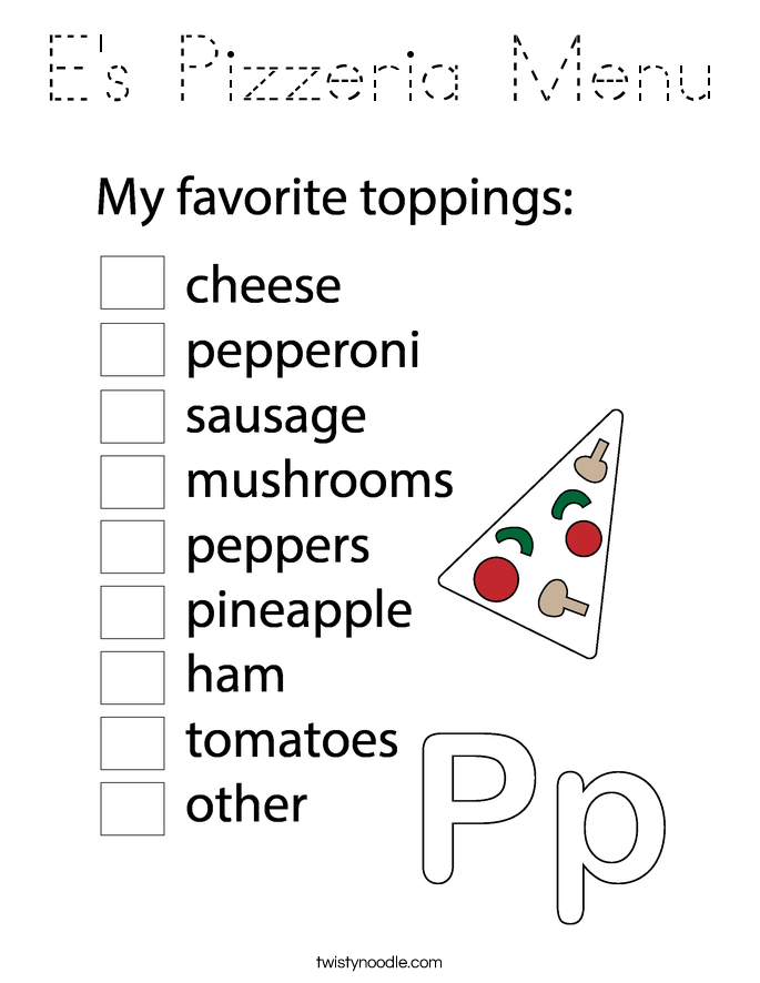E's Pizzeria Menu Coloring Page