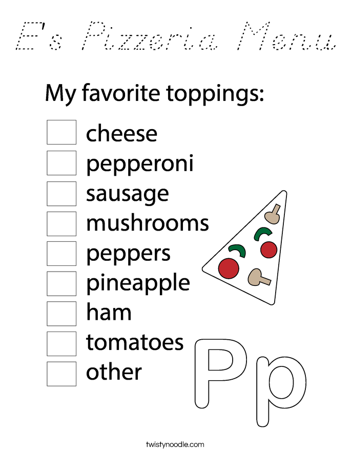 E's Pizzeria Menu Coloring Page