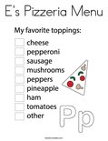 E's Pizzeria Menu Coloring Page