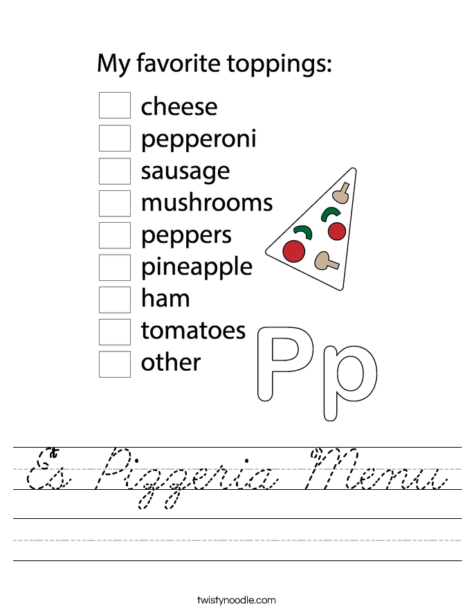 E's Pizzeria Menu Worksheet