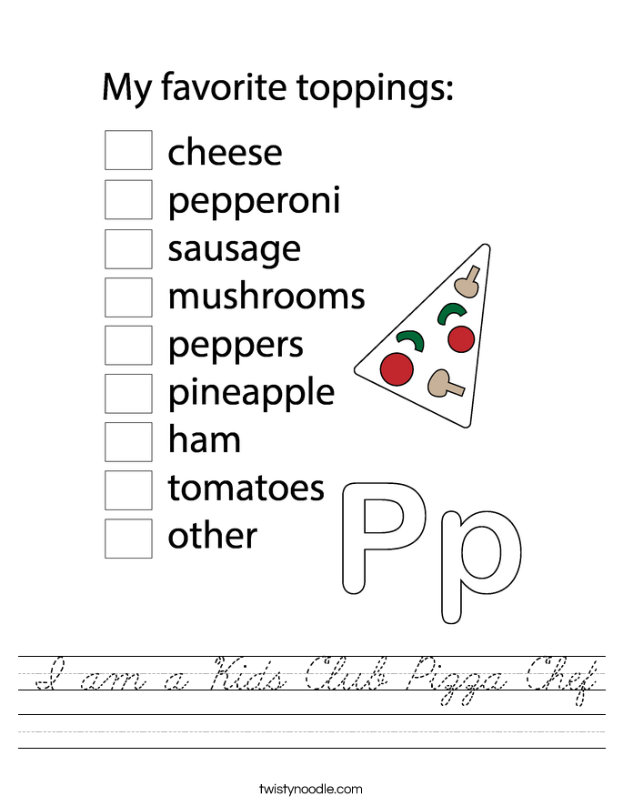 I am a Kids Club Pizza Chef Worksheet