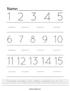Practice counting and writing numbers up to 15 Handwriting Sheet