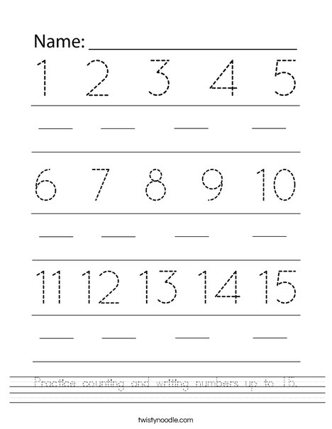Practice counting and writing numbers up to 15. Worksheet
