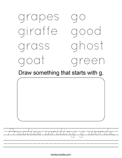 Practice writing g words. Worksheet