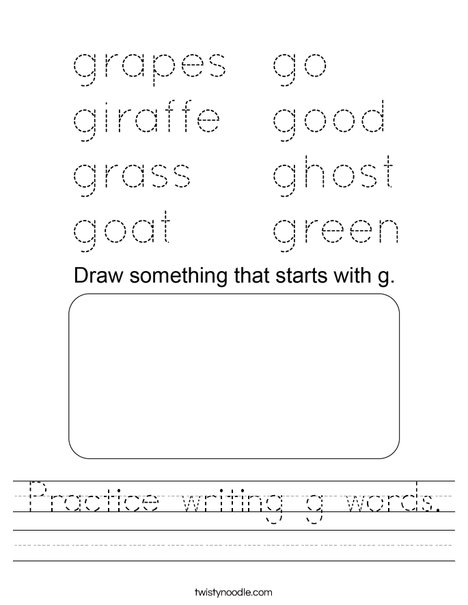 Practice writing g words. Worksheet