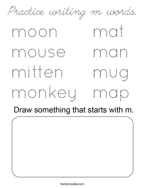 Practice writing m words. Coloring Page