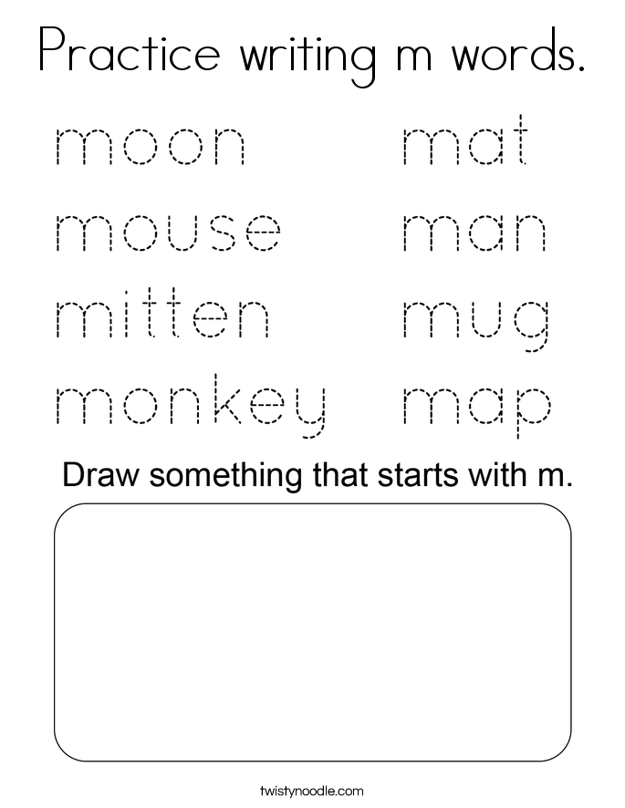 Practice writing m words. Coloring Page