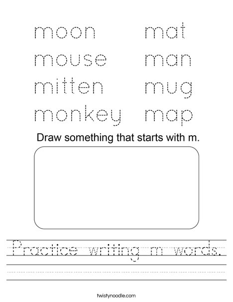 Practice writing m words. Worksheet
