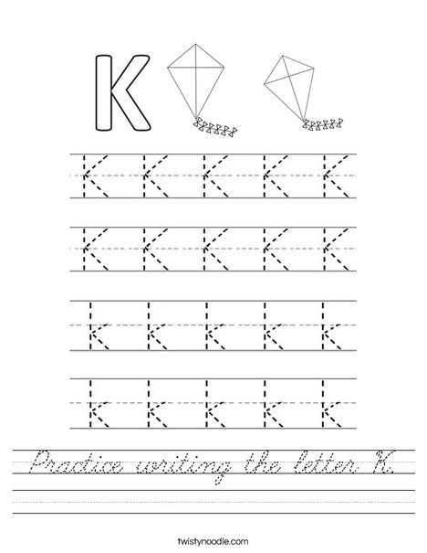 Practice writing the letter K Worksheet - Cursive - Twisty Noodle