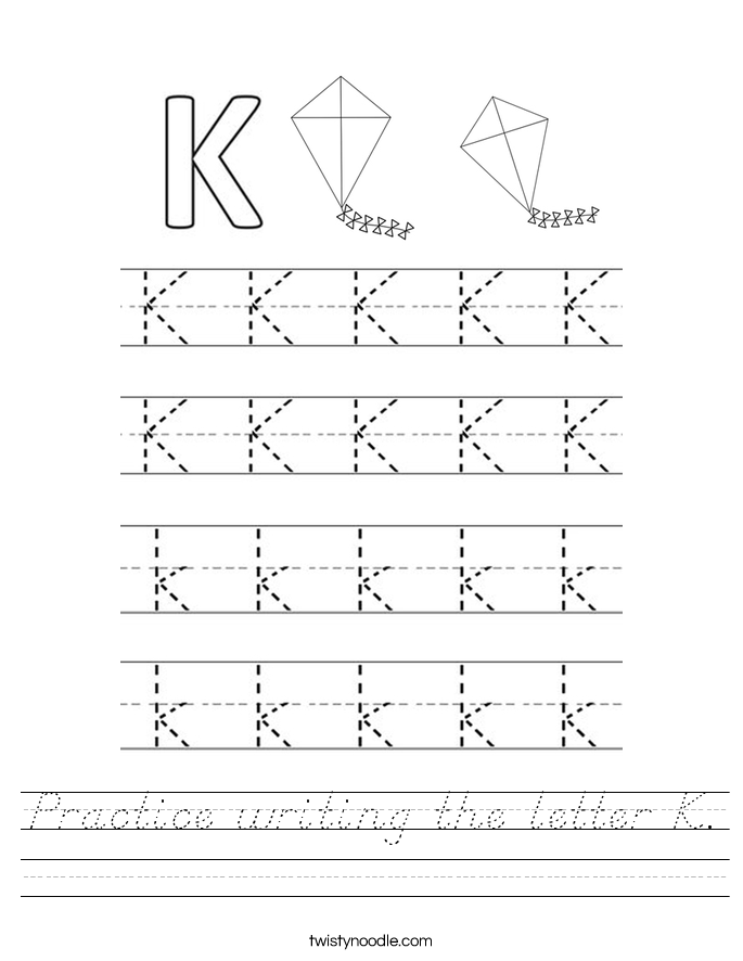 Practice writing the letter K Worksheet - D'Nealian - Twisty Noodle