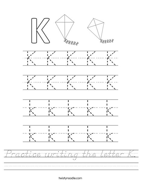 Practice writing the letter K Worksheet - D'Nealian - Twisty Noodle