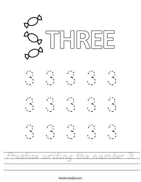 Practice writing the number 3 Worksheet - D'Nealian - Twisty Noodle