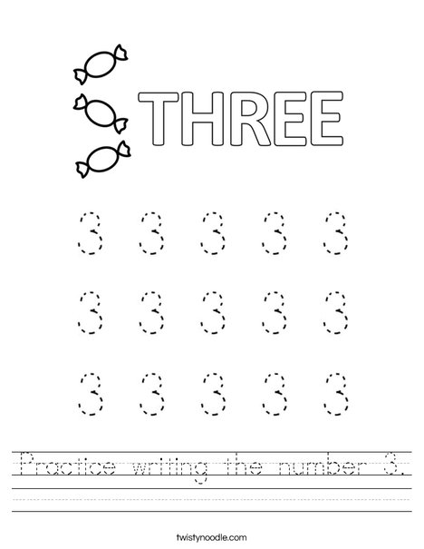 practice writing the number 3 worksheet twisty noodle