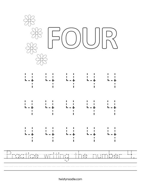 practice writing the number 4 worksheet twisty noodle