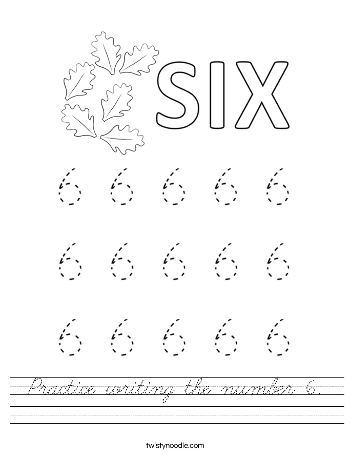 Practice writing the number 6 Worksheet - Cursive - Twisty Noodle