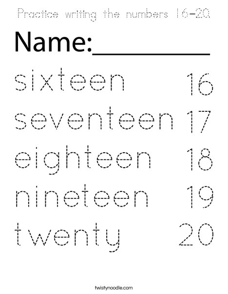 Practice writing the numbers 16-20. Coloring Page