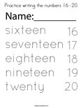 Practice writing the numbers 16-20. Coloring Page