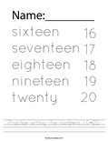 Practice writing the numbers 16-20. Worksheet
