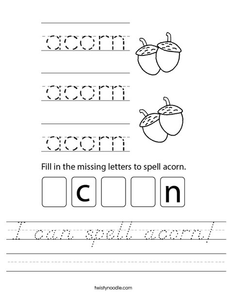 Practice writing the word acorn. Worksheet