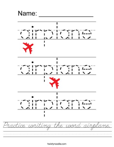 Practice writing the word airplane. Worksheet