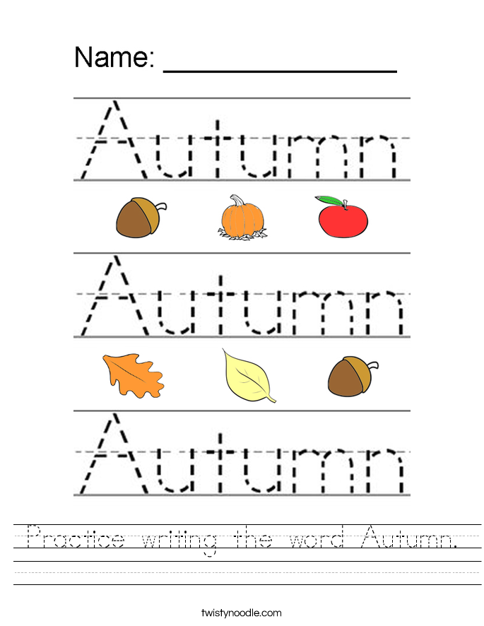Practice writing the word Autumn. Worksheet