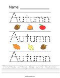 Practice writing the word Autumn. Worksheet