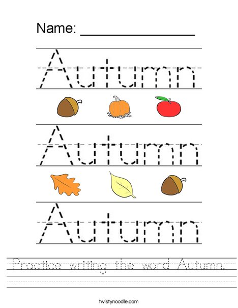 Practice writing the word Autumn Worksheet Twisty Noodle Practice writing the word Autumn Worksheet Twisty Noodle