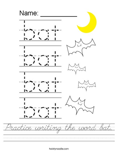 Practice writing the word bat. Worksheet