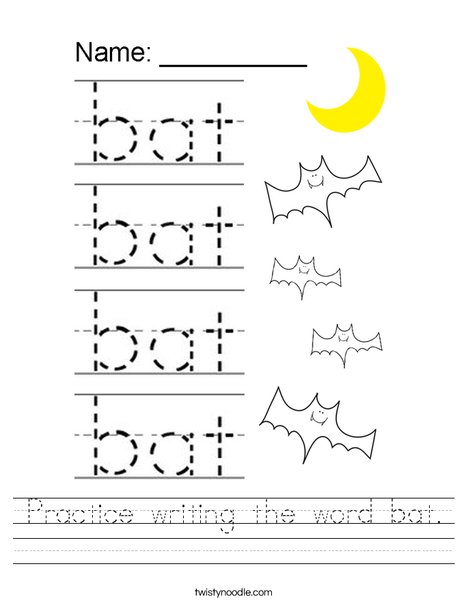 Practice writing the word bat. Worksheet