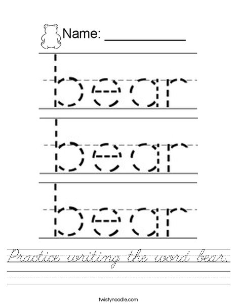 Practice writing the word bear. Worksheet