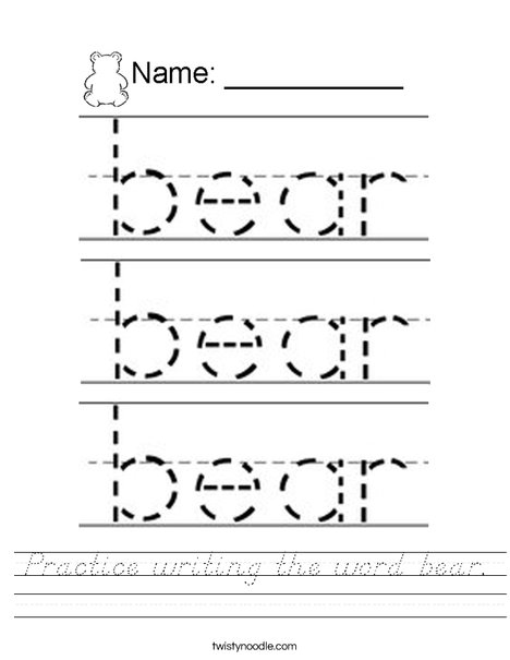 Practice writing the word bear. Worksheet